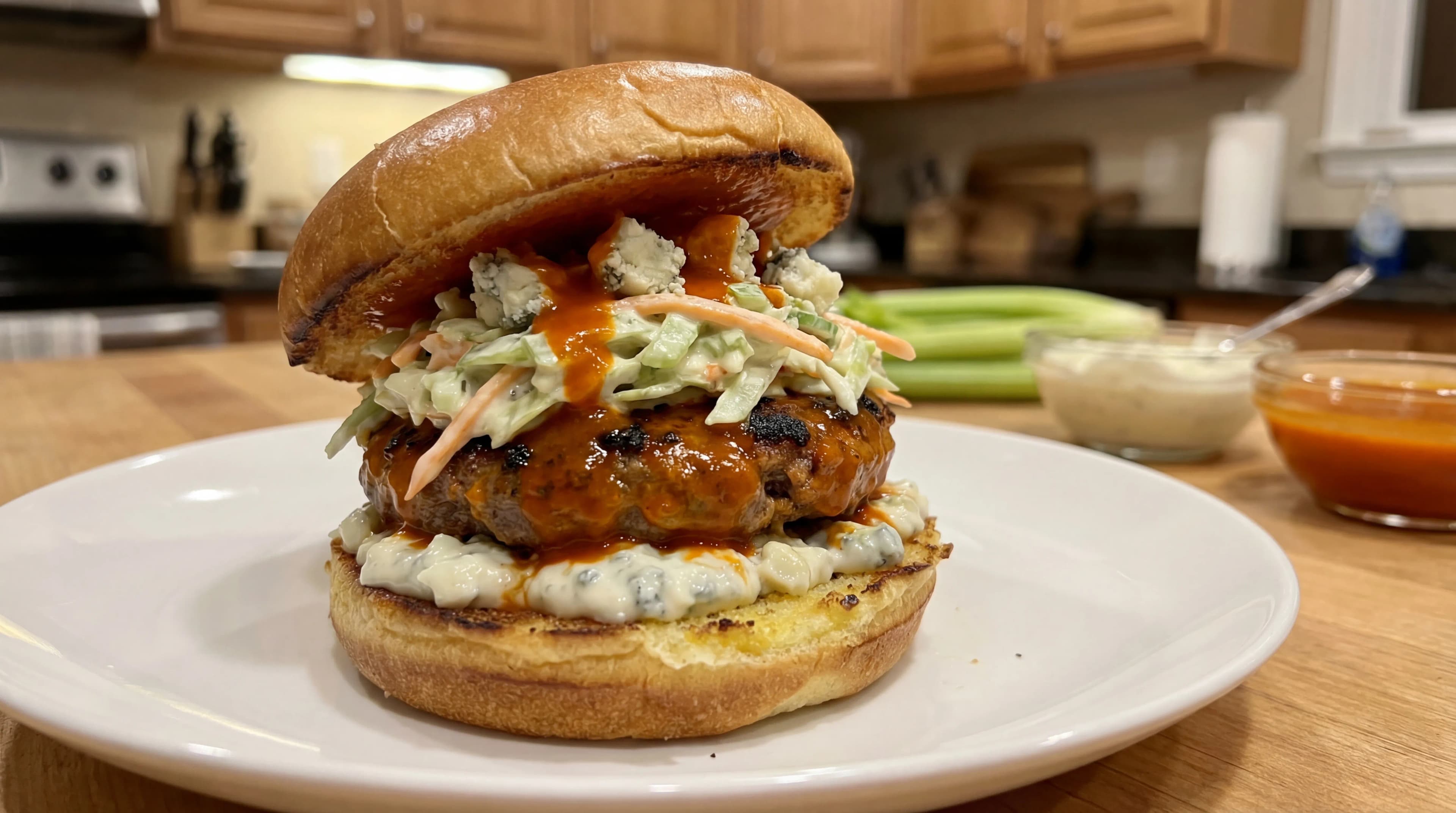 Buffalo Blue Burger with Celery Slaw