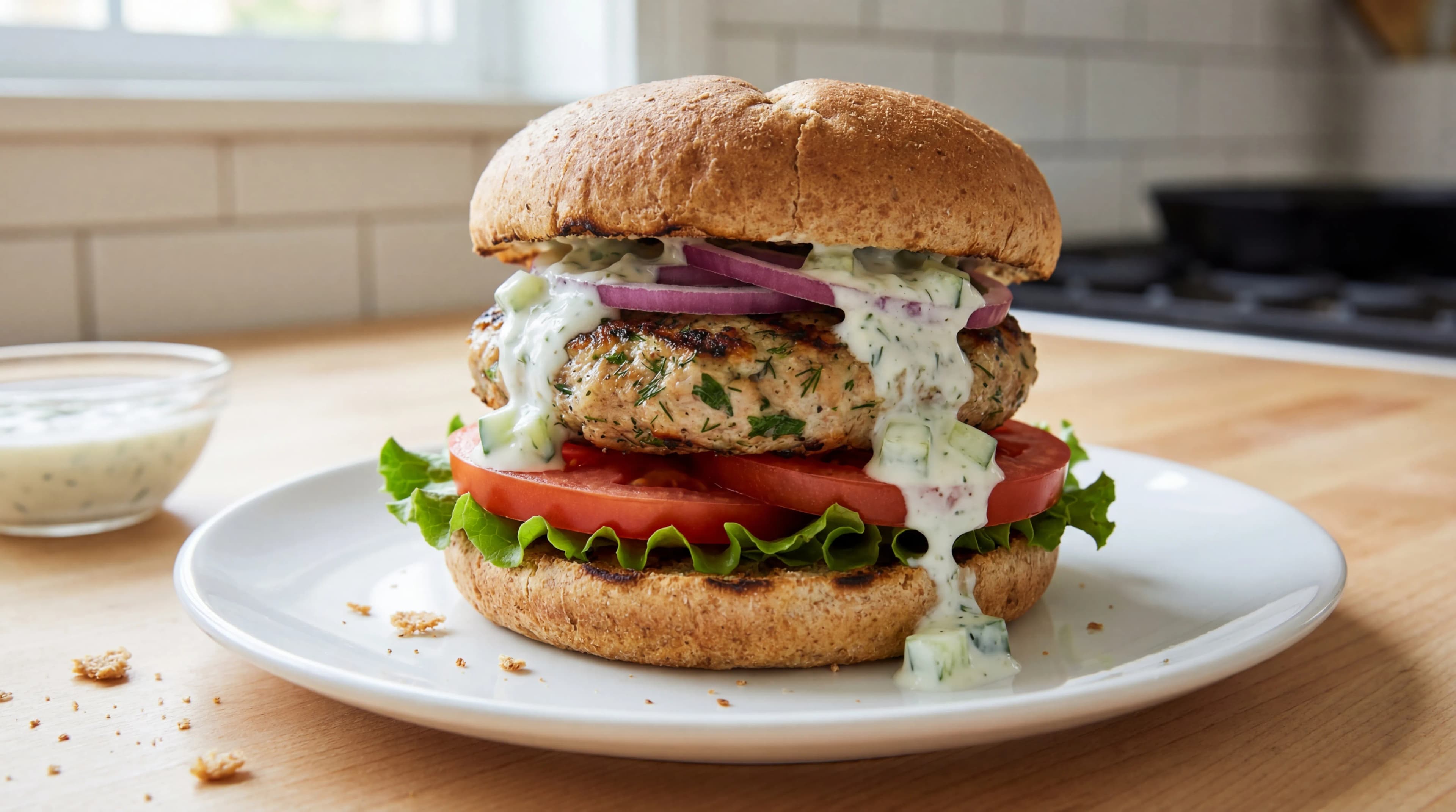 Lemon Herb Turkey Burger with Cucumber Yogurt