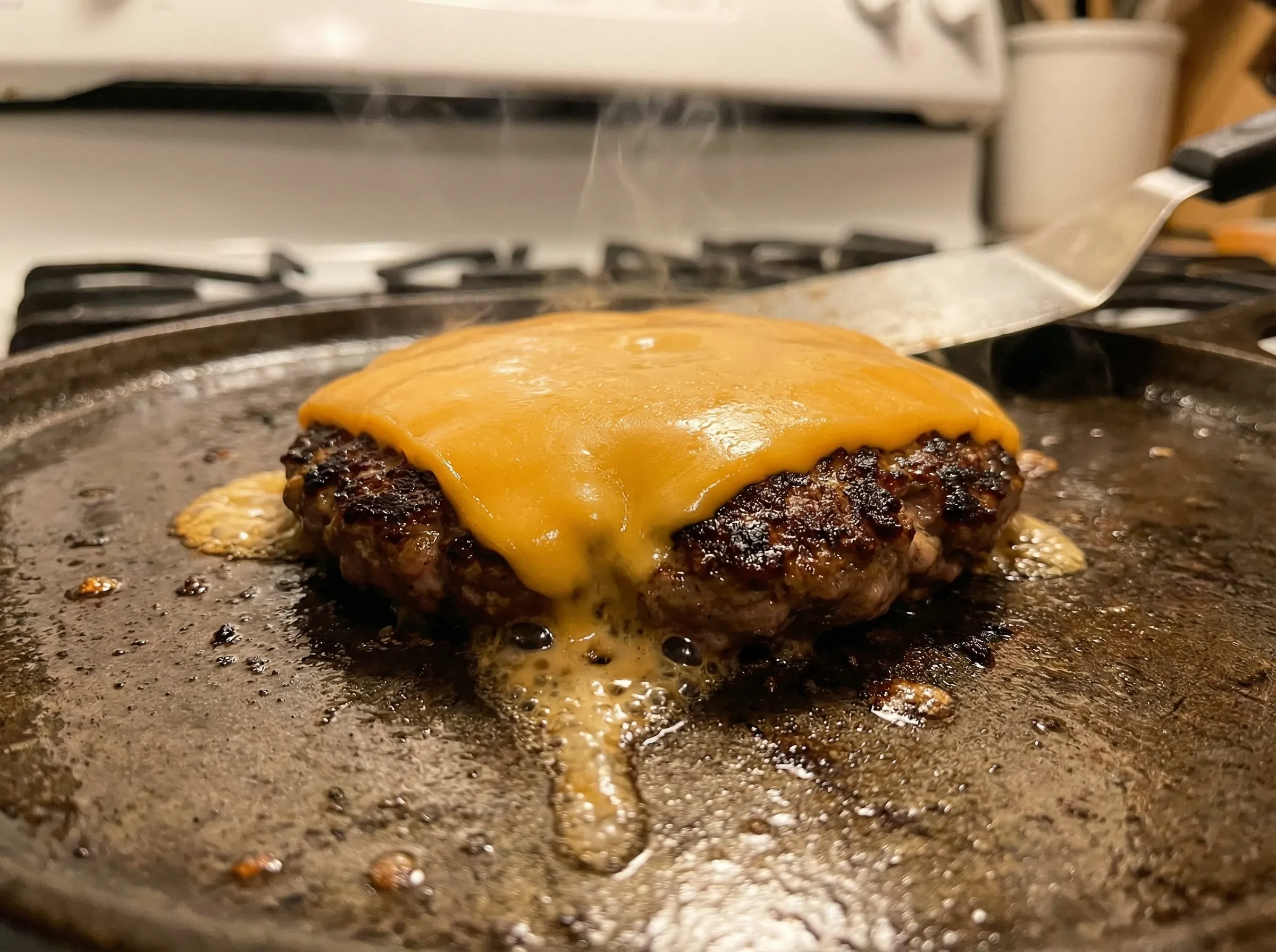 A smashed beef patty on a seasoned griddle with American cheese melting over the edge