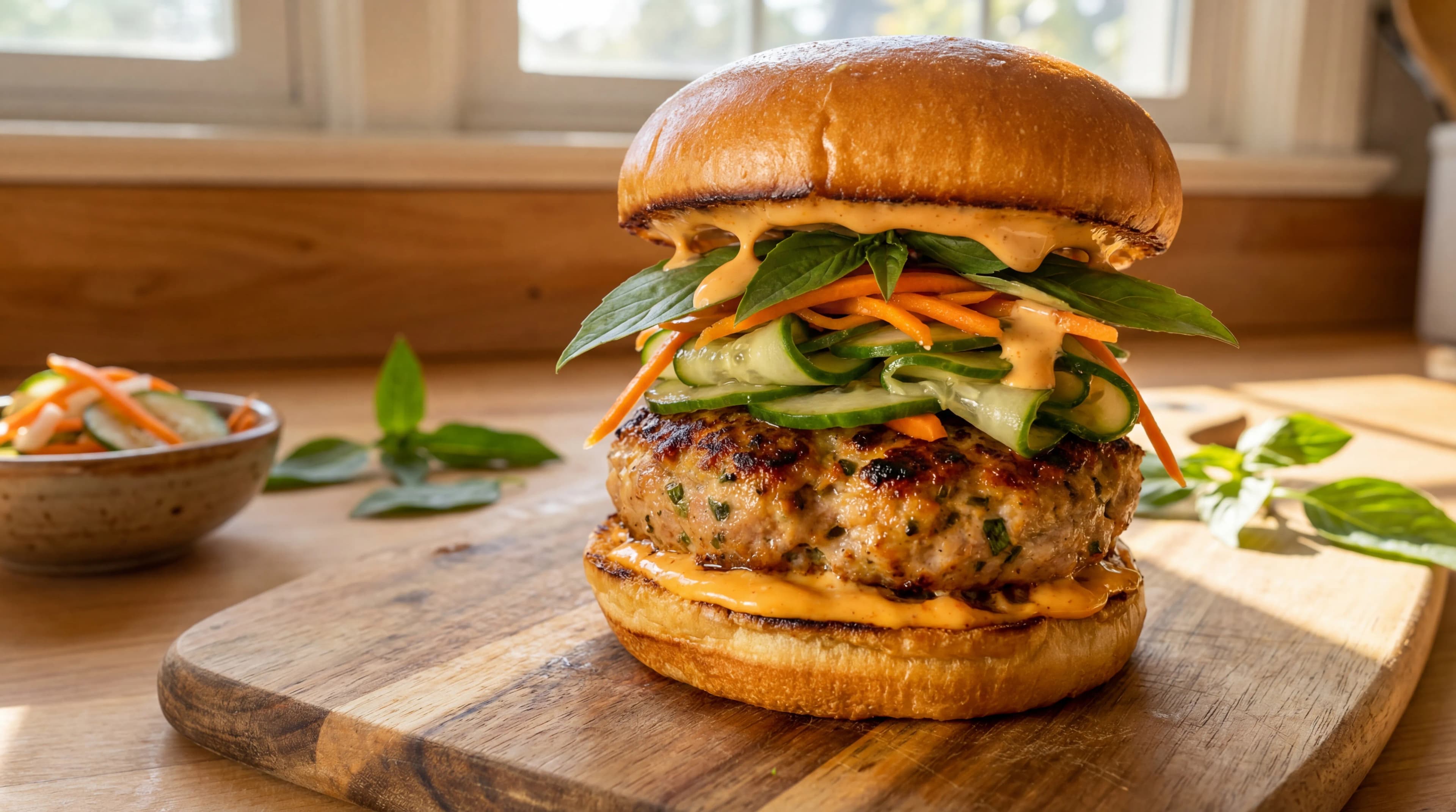 Thai Lemongrass Pork Burger with Basil and Sriracha Mayo